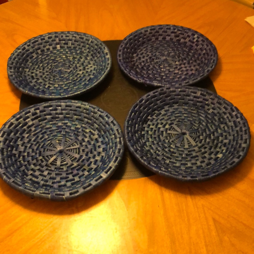 Vintage Woven Charger Plate Holders Set 4 Navy Picnic Boho Art Wall Bask…